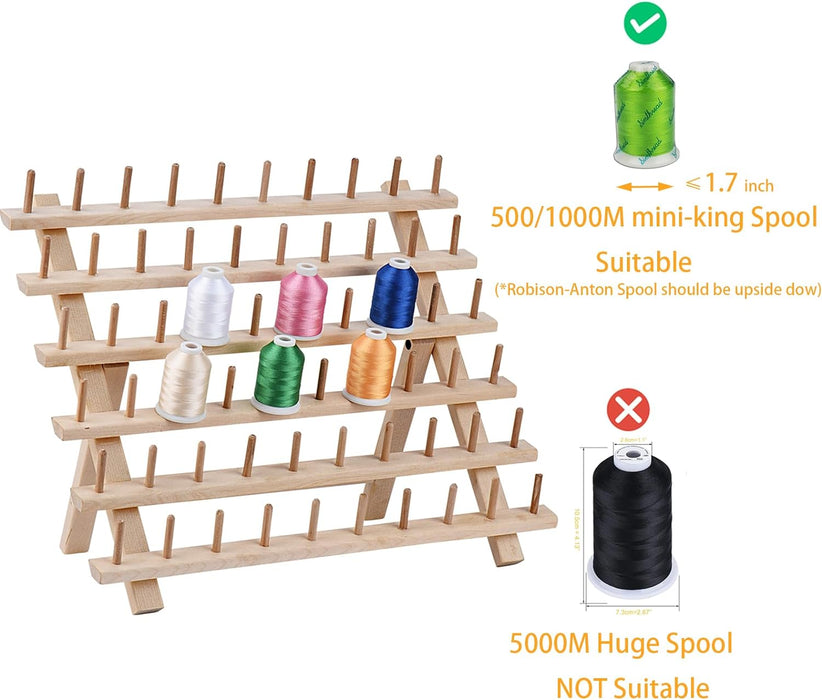 Simthread 60 Spools Wooden Thread Stand Organizer with Hanging Hooks