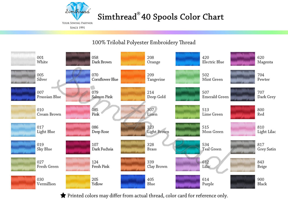 40 Colors Embroidery Thread Kit 500M Simthread LLC