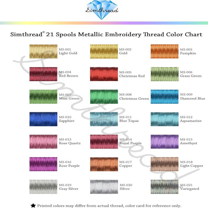 Simthread 21 Assorted Colors Metallic Embroidery Machine Thread Kit 500M - Sold Separately