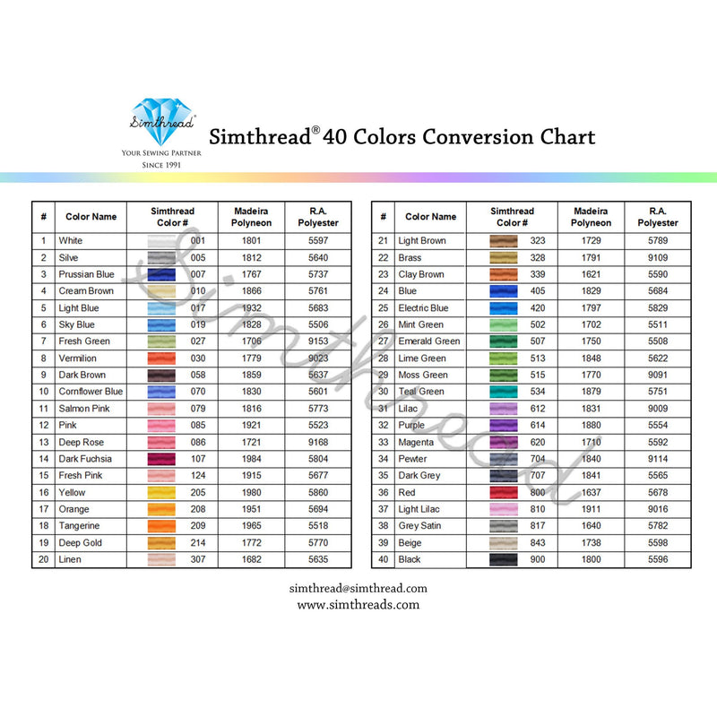 Simthread 40 Colors (60wt) 5000M Sewing Embroidery Thread - Sold Separately - Simthread - High Quality Machine Embroidery Thread Supplier