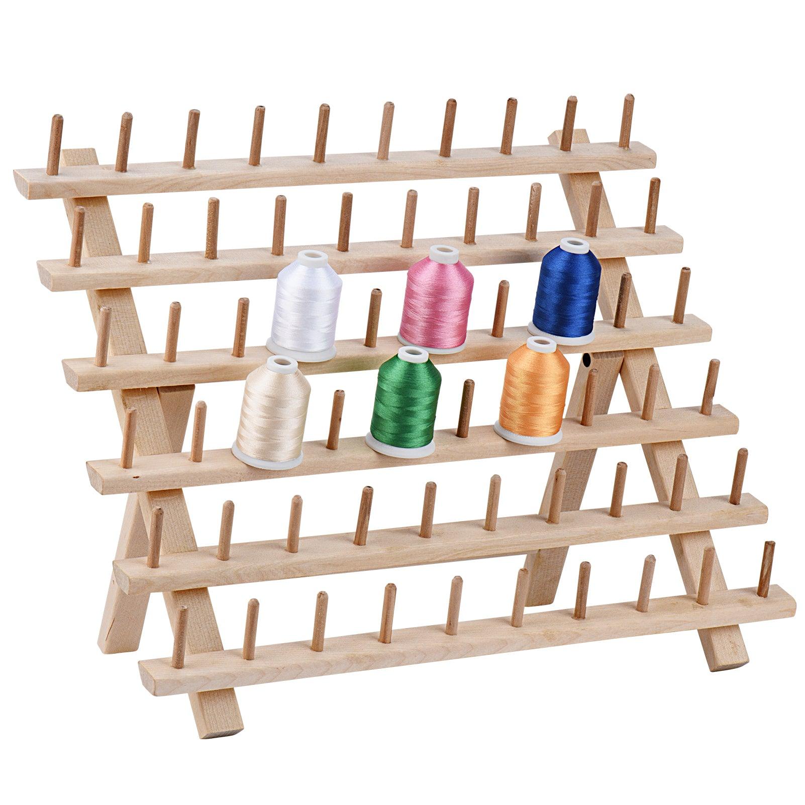 Simthread 60 Spools Wooden Thread Stand Organizer with Hanging Hooks ...