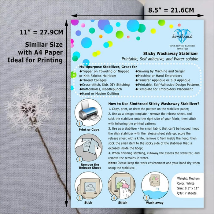 Simthread Sticky Wash Away Paper Embroidery Stabilizer A4 Size Medium Weight 1.4OZ