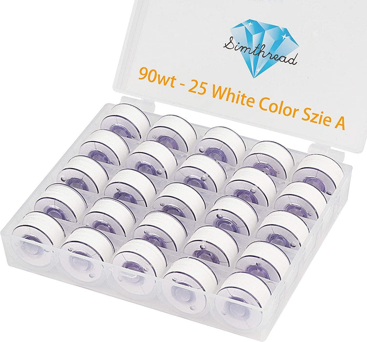 Simthread 25pcs 90wt White Prewound Bobbin Thread Size A Class 15 (SA156) with Clear Storage Plastic Case Box 60S/2 for Brother Embroidery Thread